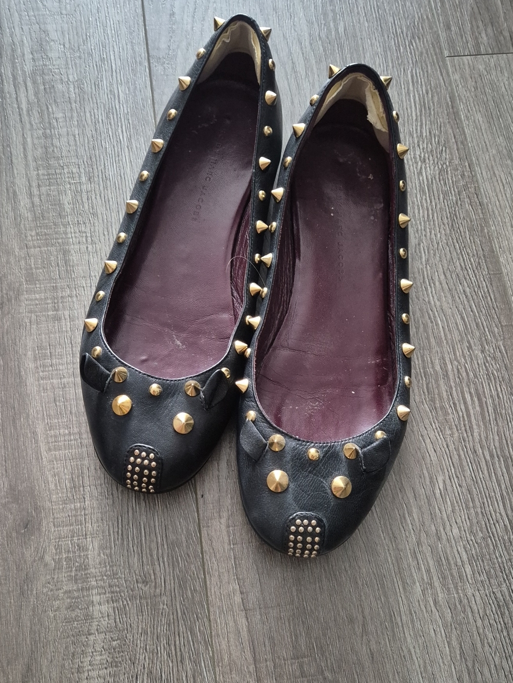 Marc By Marc Jacobs Black Studded Ballet Flats with Gold Accents